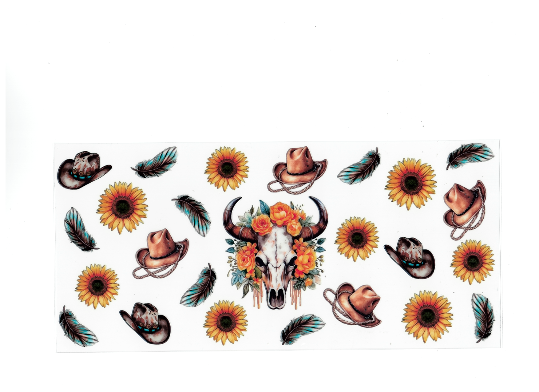 Bull skull, hats, feathers