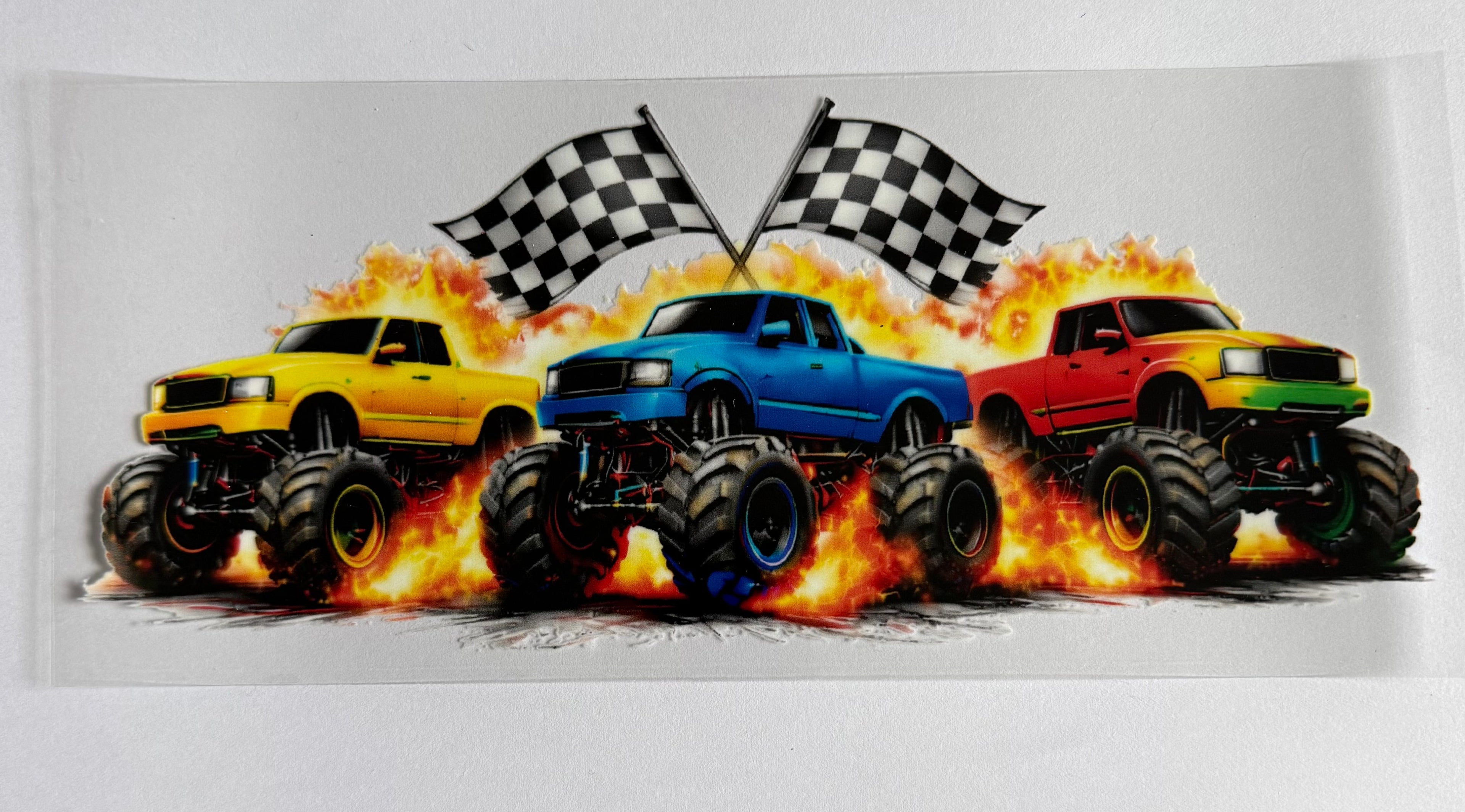 Monster trucks with flags